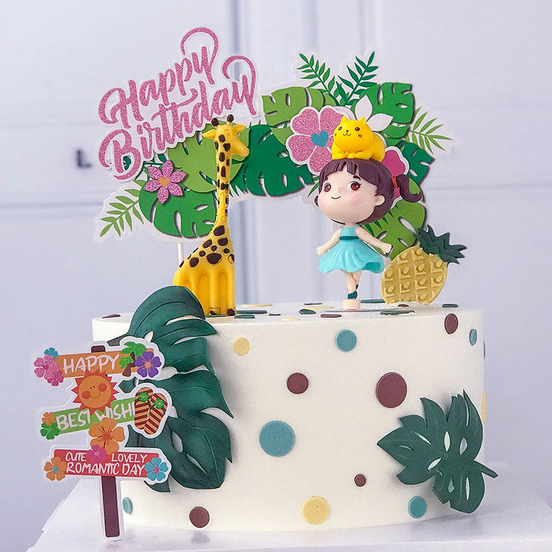 猫咪女孩蛋糕装饰 创意小猫咖啡屋热带雨林森系生日蛋糕插牌插件