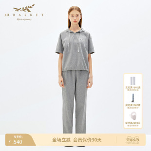 XII BASKET十二篮灰色丝光棉抽绳腰松弛小直筒休闲裤女夏季