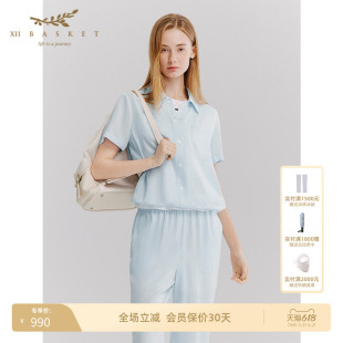 十二篮26夏新款100%醋酸轻薄翻领短袖衬衫上衣休闲通勤女浅蓝