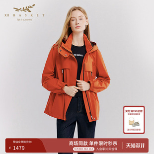 十二篮26秋新款多巴胺山系户外运动外套女连帽收腰风衣橙红色