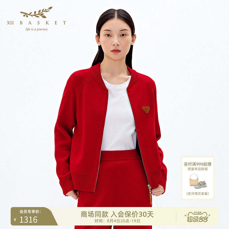 十二篮新年红休闲羊毛针织棒球服