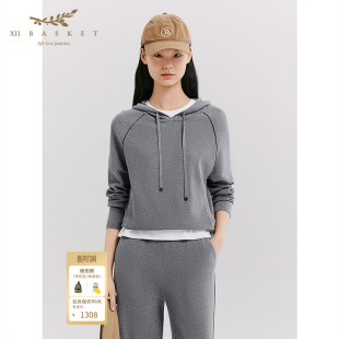 十二篮26春新款 莱赛尔针织连帽卫衣女简约慵懒运动显瘦上衣深灰