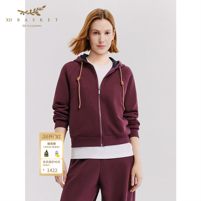 十二篮26春新款连帽卫衣短款加厚廓形显白显瘦百搭酒红运动外套女
