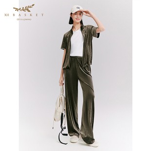 垂感肌理休闲阔腿裤 松紧腰弯刀裤 女绿 醋酸丝绒薄款 十二篮26夏新款