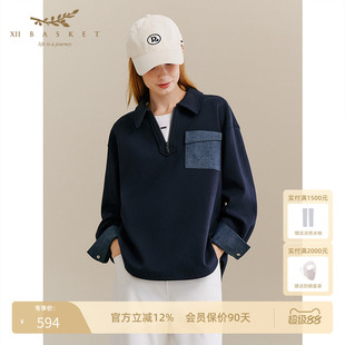 十二篮半拉链polo领卫衣复古假两件衬衫拼接上衣休闲女冬季