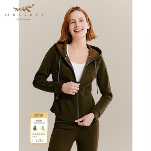 显瘦外套绿冬季 十二篮商场同款 绵羊毛连帽运动上衣暖绒感修身