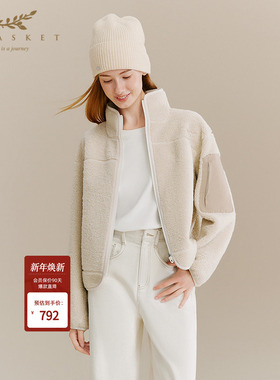 十二篮专选25冬新款美式立领羊羔毛短外套撞料口袋百搭休闲女