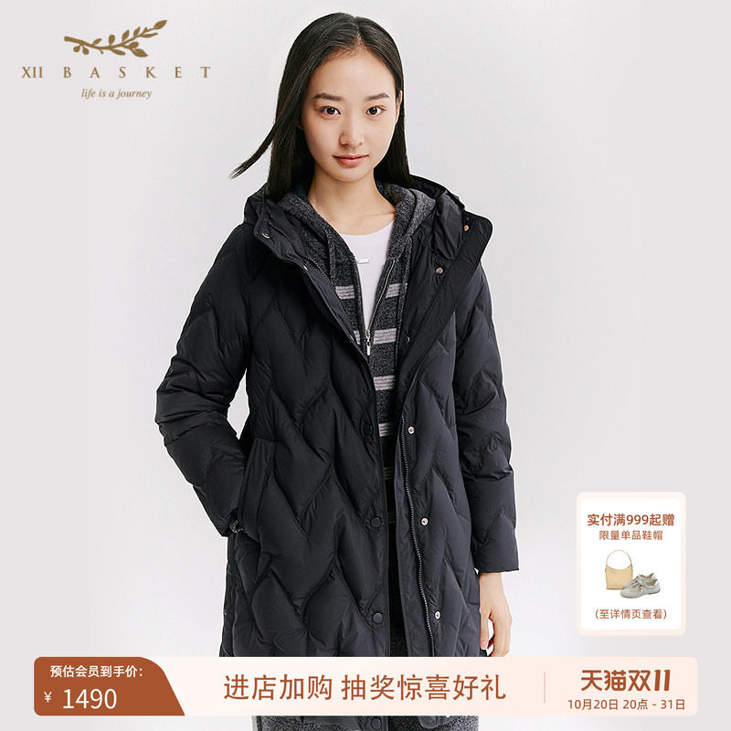 十二篮连帽菱格中长款羽绒服