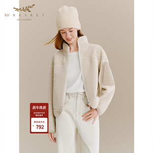 十二篮专选25冬新款 立领羊羔毛短外套撞料口袋百搭休闲女 美式