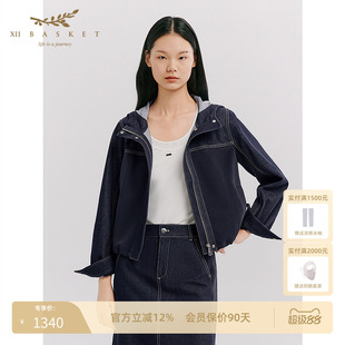 十二篮26春新款撞料拼接牛仔短款外套连帽通勤休闲百搭气质上衣