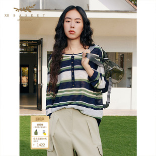 T恤军绿 女复古休闲宽松长袖 十二篮26夏新款 撞色条纹亨利领针织衫