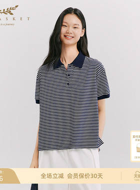 十二篮26春新款航海系polo衫女撞色条纹廓形通勤休闲上衣藏蓝