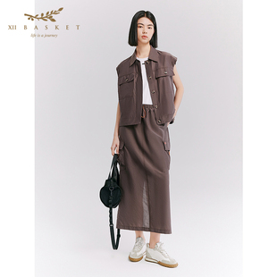 十二篮26夏新款 真丝棉混纺松紧腰直筒裙透气户外休闲开叉长裙咖色