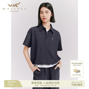 十二篮26夏新款宽松polo领短袖上衣简约百搭户外运动T恤女藏蓝