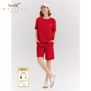 五分休闲运动裤 女抽绳时尚 中国红 透气空气层短裤 十二篮26春新款