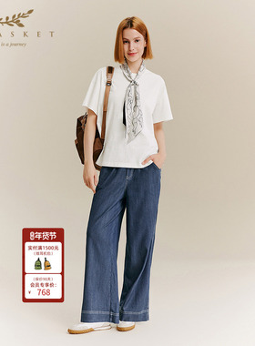 十二篮专选夏款百搭时尚高级感轻薄蓝色高腰直筒休闲裤子女