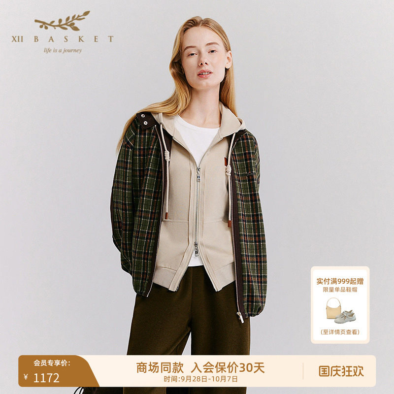 十二篮格纹连帽拉链休闲外套