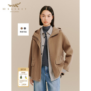 十二篮冬季 羊毛复古轻通勤毛呢外套女休闲百搭一手长连帽大衣