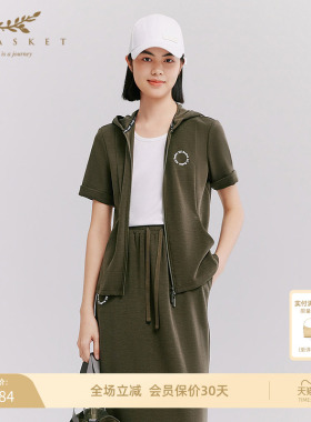 十二篮26夏新款莱赛尔连帽微收腰短袖上衣休闲户外运动外套女绿色