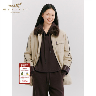 十二篮25冬新款复古巴恩风羊皮毛领羽绒服撞色风衣外套中长款女