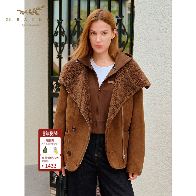 [100羊毛]十二篮25冬新款复古美拉德麂皮绒大衣翻领皮毛一体外套,女装/女士精品,短外套,淘宝优惠券,粉丝福利购,淘宝优惠卷