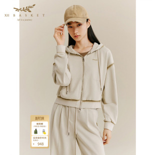 连帽卫衣运动休闲上衣女百搭秋季 十二篮短款 卡其绿 蒋依依同款