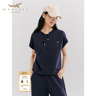 空气层运动上衣女短袖 十二篮26春新款 休闲设计感蓝 舒柔莫代尔
