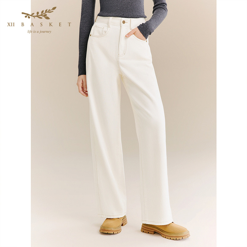 十二篮专选100%棉休闲舒适直筒窄版阔腿裤牛仔裤女白色25冬新款