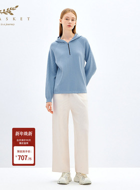 XII BASKET十二篮商场同款秋款时尚运动连帽长袖冰河蓝针织卫衣女