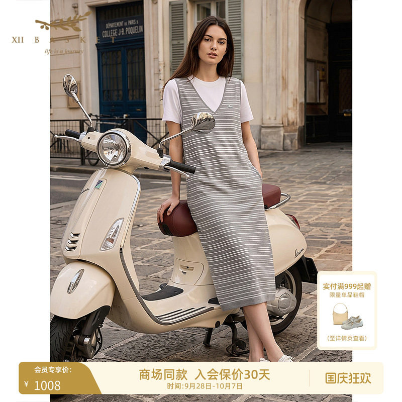 十二篮V领无袖条纹连衣裙