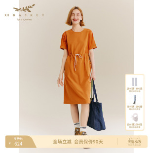 十二篮专选户外山系宽松橘色圆领异材质拼接抽绳连衣裙女秋季