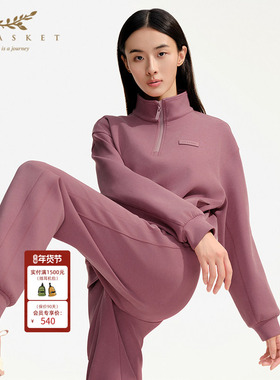 XII BASKET十二篮冬款沙粉色半开襟简约慵懒风时尚百搭立领卫衣女