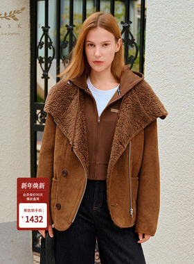 [100羊毛]十二篮25冬新款复古美拉德麂皮绒大衣翻领皮毛一体外套