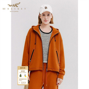 十二篮26春新款 活力橙红运动风棉质卫衣宽松连帽外套女休闲多巴胺