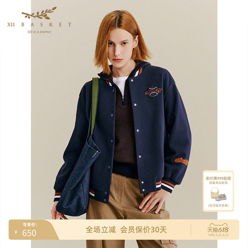 XII BASKET十二篮美式复古棒球服宽松中性风外套女藏蓝色秋季