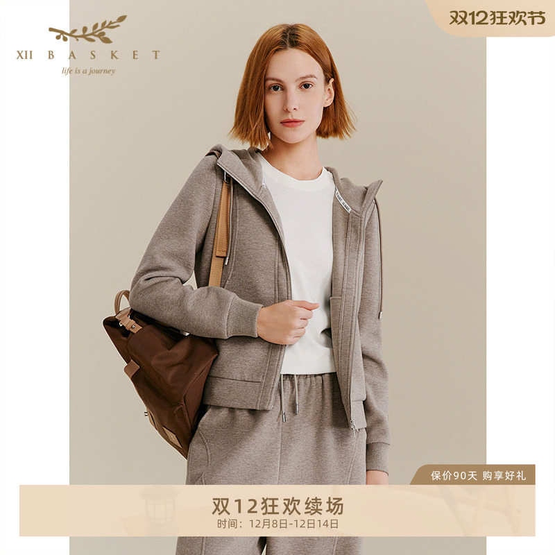 十二篮慵懒老钱风连帽卫衣外套女