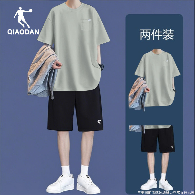 乔丹休闲套装男款夏季2025新款跑步运动服男士宽松短袖短裤两件套