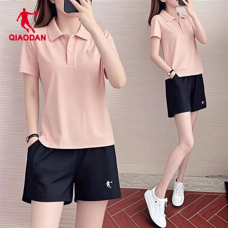 乔丹运动套装女夏季新款翻领健身运动服速干冰丝短袖短裤两件套女