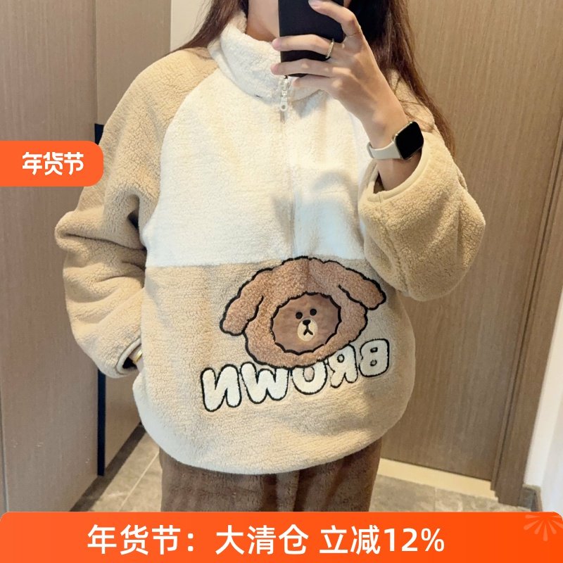 芬腾专柜款羊羔毛卡通小熊睡衣女秋冬加绒加厚宽松立领家居服套装