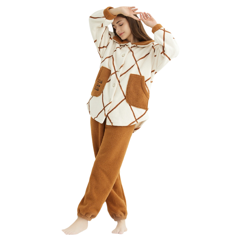 芬腾专柜款特价睡衣女冬季双面加厚珊瑚绒中长款家居服套装可外穿