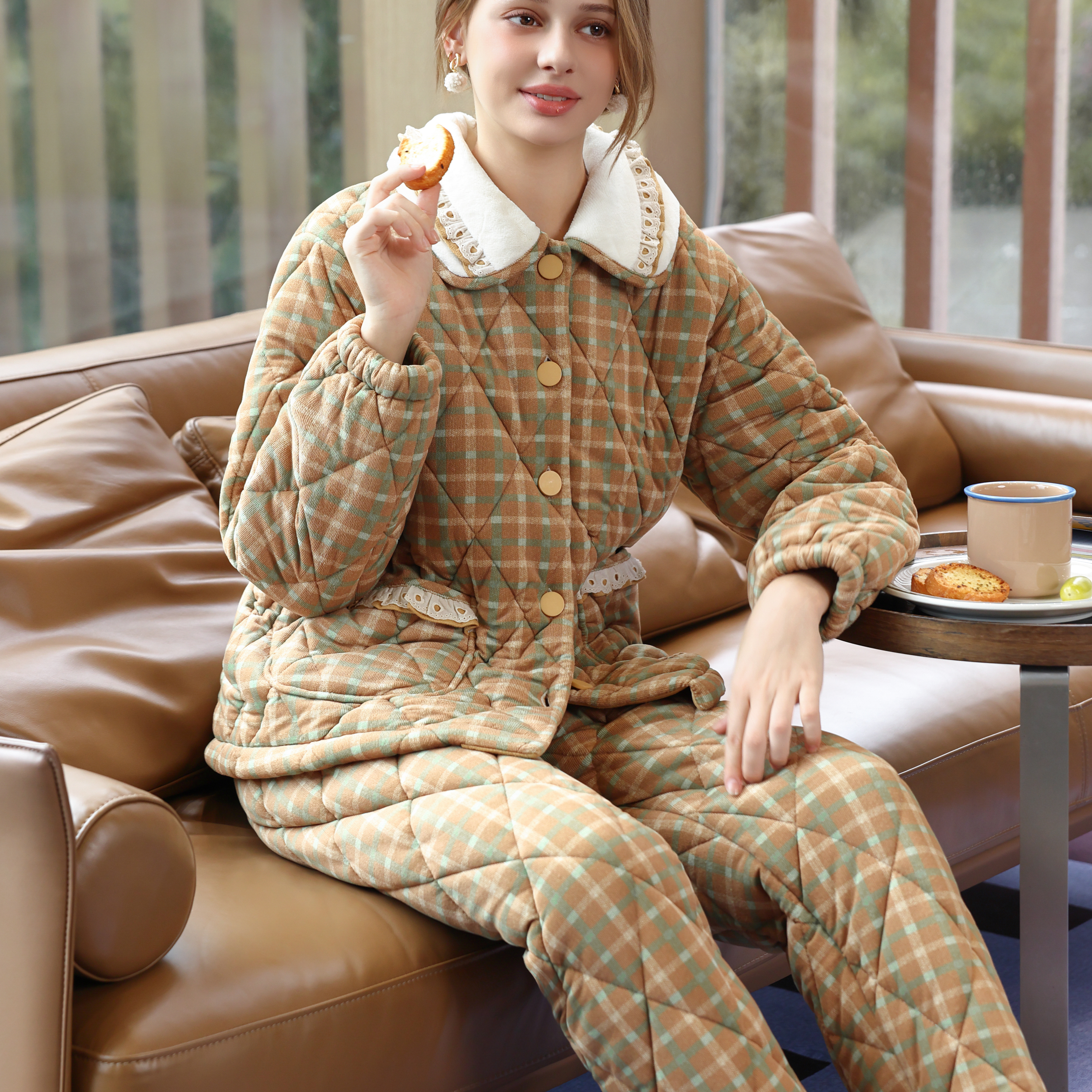 芬腾女士纯棉三层加厚家居服