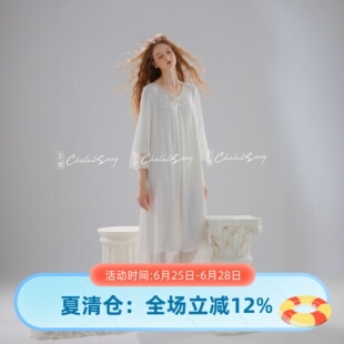 尘熙法式宫廷风网纱七分袖睡裙女秋季甜美温柔风韩版蕾丝家居裙装