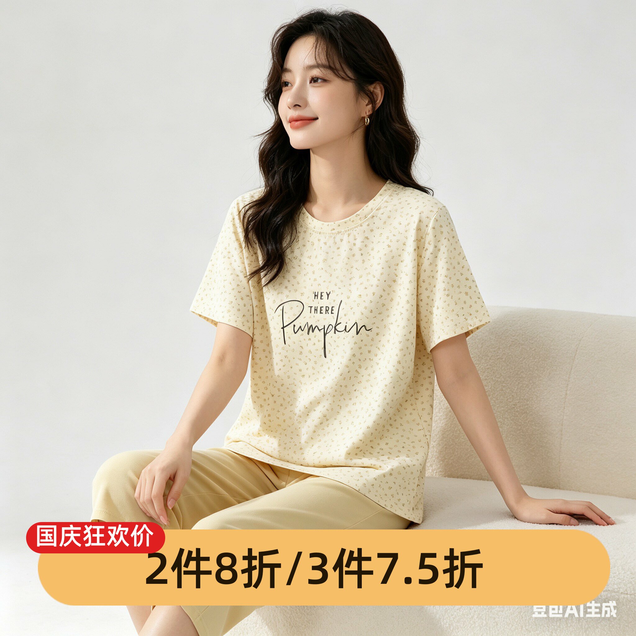 芬腾纯棉女夏短袖外穿睡衣套装