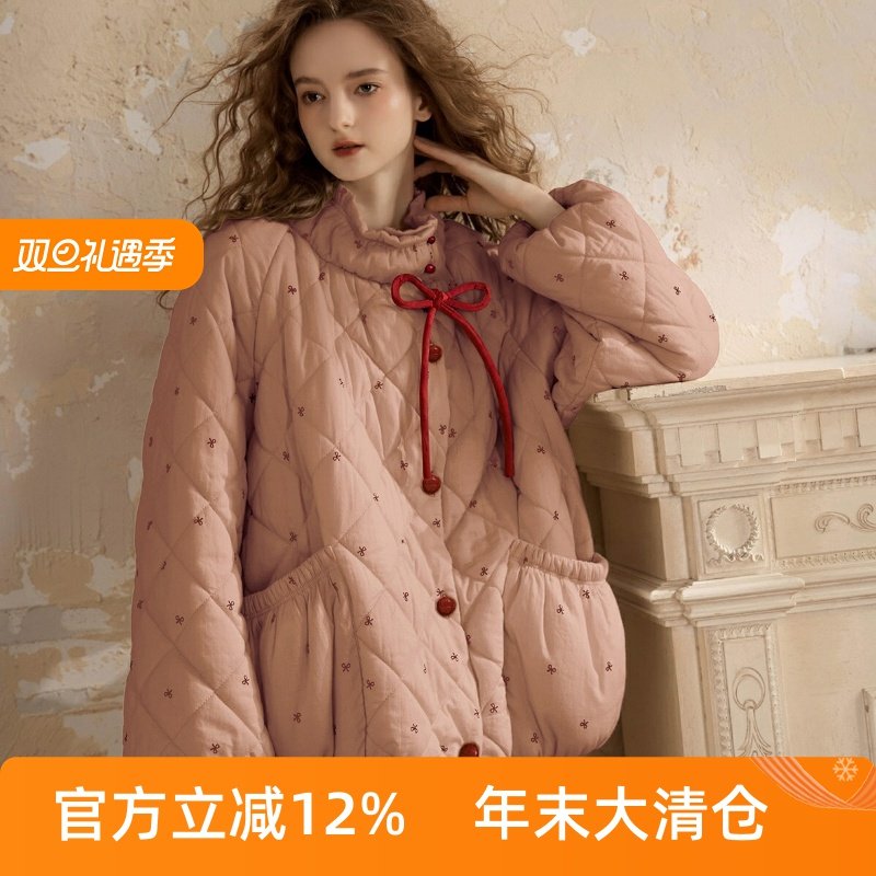 尘熙女冬纯棉三层夹棉保暖睡衣