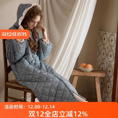 尘熙连帽长款针织加厚夹棉睡袍