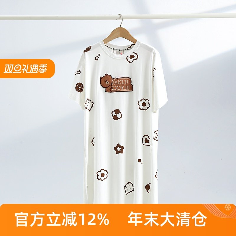 芬腾睡裙女夏季短袖2025新款纯棉薄款卡通可爱套头可外穿中长裙装