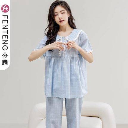 芬腾睡衣女夏季2023新款短袖长裤宽松可爱甜美韩版薄款全棉家居服