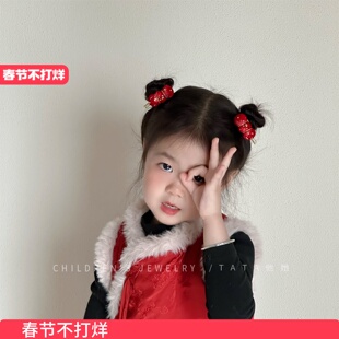 过年喜庆中国风糖葫芦可爱发圈红色丝绒头绳儿童轻奢洋气皮筋发夹