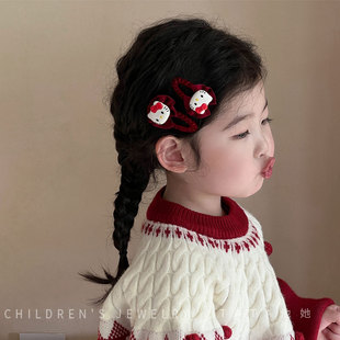 女童KT猫发夹新年红色丝绒蝴蝶结夹子女宝宝可爱卡通碎发夹刘海夹