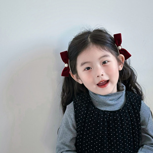 高级感丝绒珠珠蝴蝶结儿童顶夹发卡发夹鸭嘴夹女宝宝过年蝴蝶发饰
